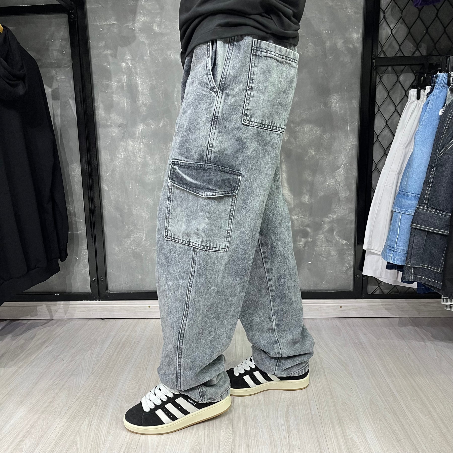 Calça Cargo Jeans Marmorizada