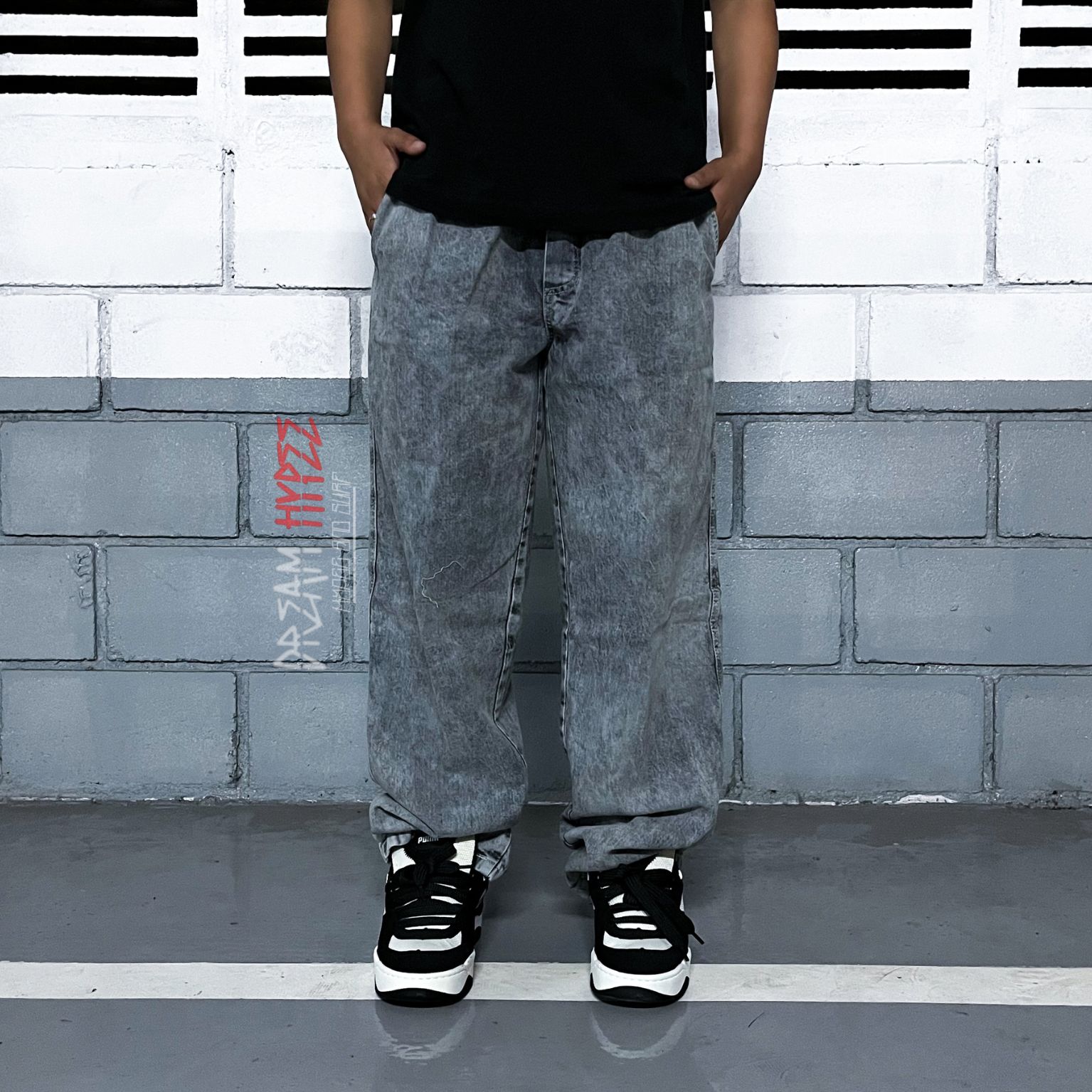Calça Balão Jeans Marmorizada Clara