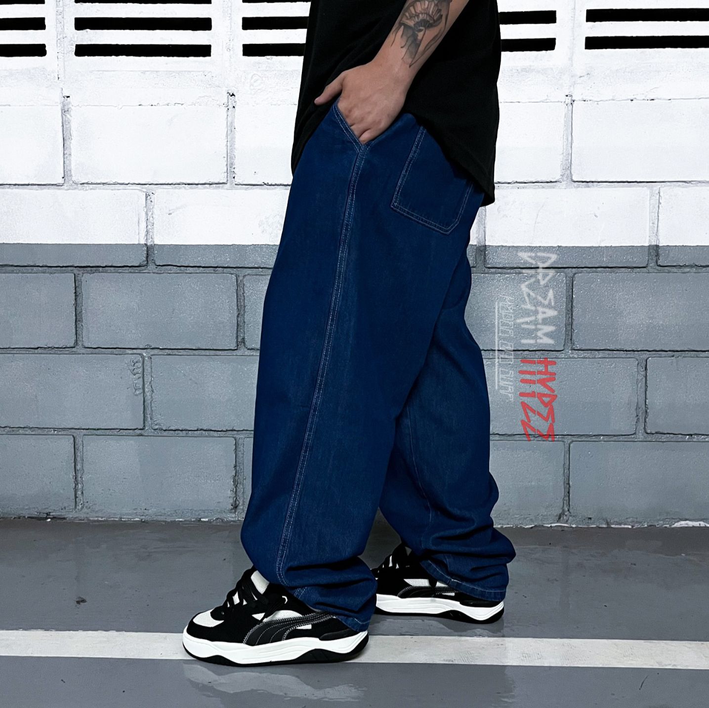 Calça Balão Jeans Azul Escuro