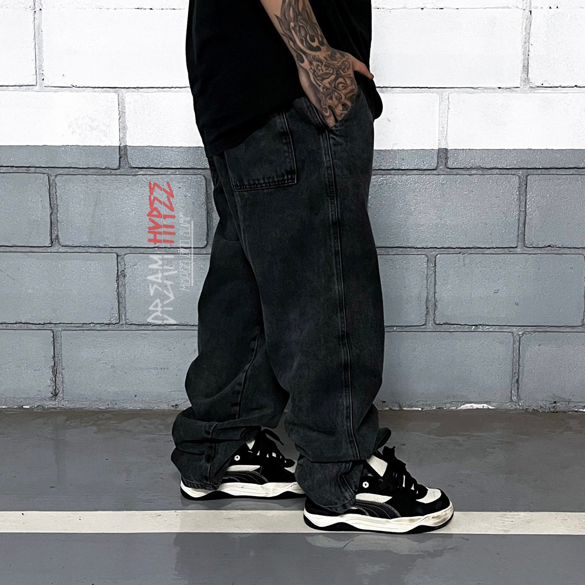 Calça Balão Jeans Marmorizada Black