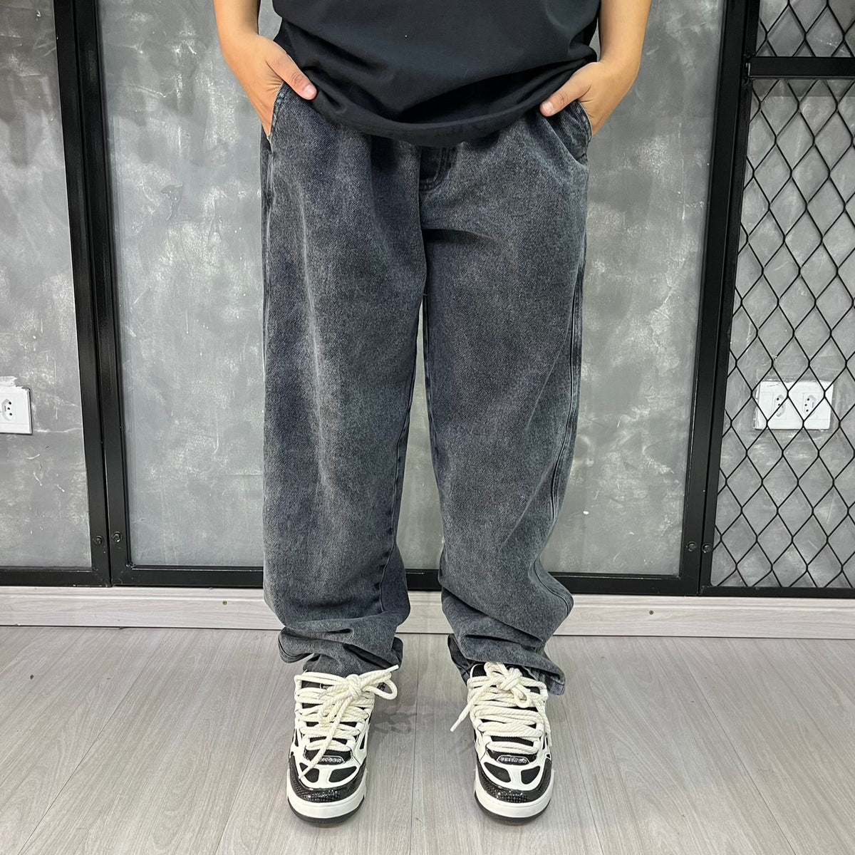 Calça Balão Jeans Marmorizada Black